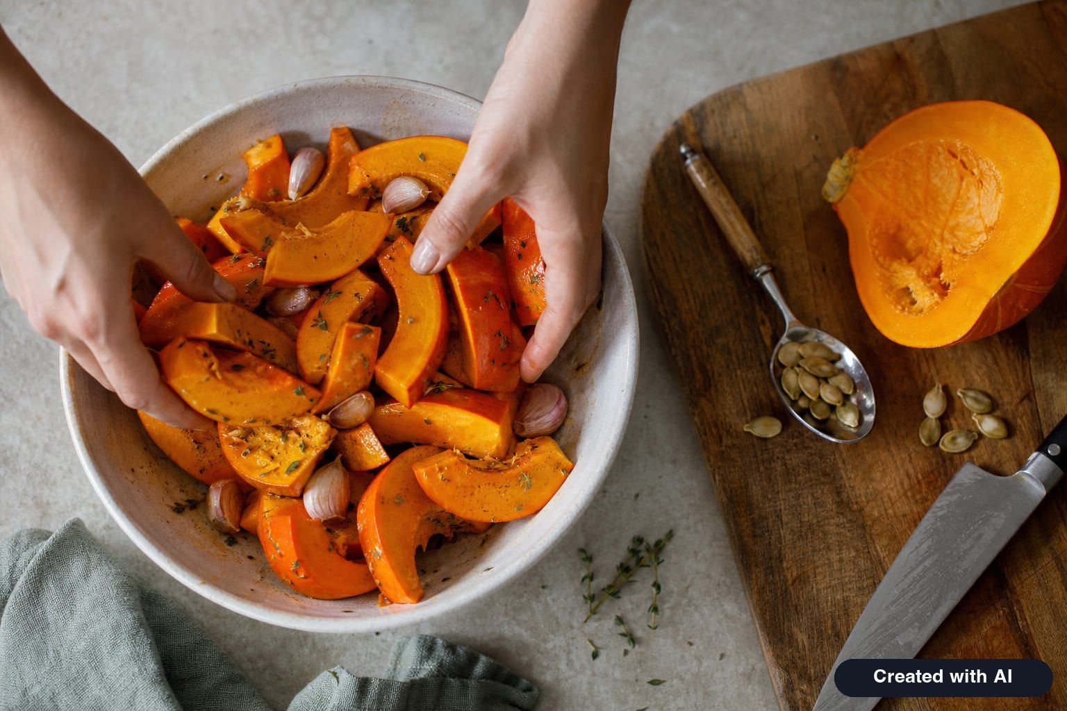 Red kuri squash wedges in a bowl with olive oil, unpeeled garlic cloves, and thyme before roasting in the oven