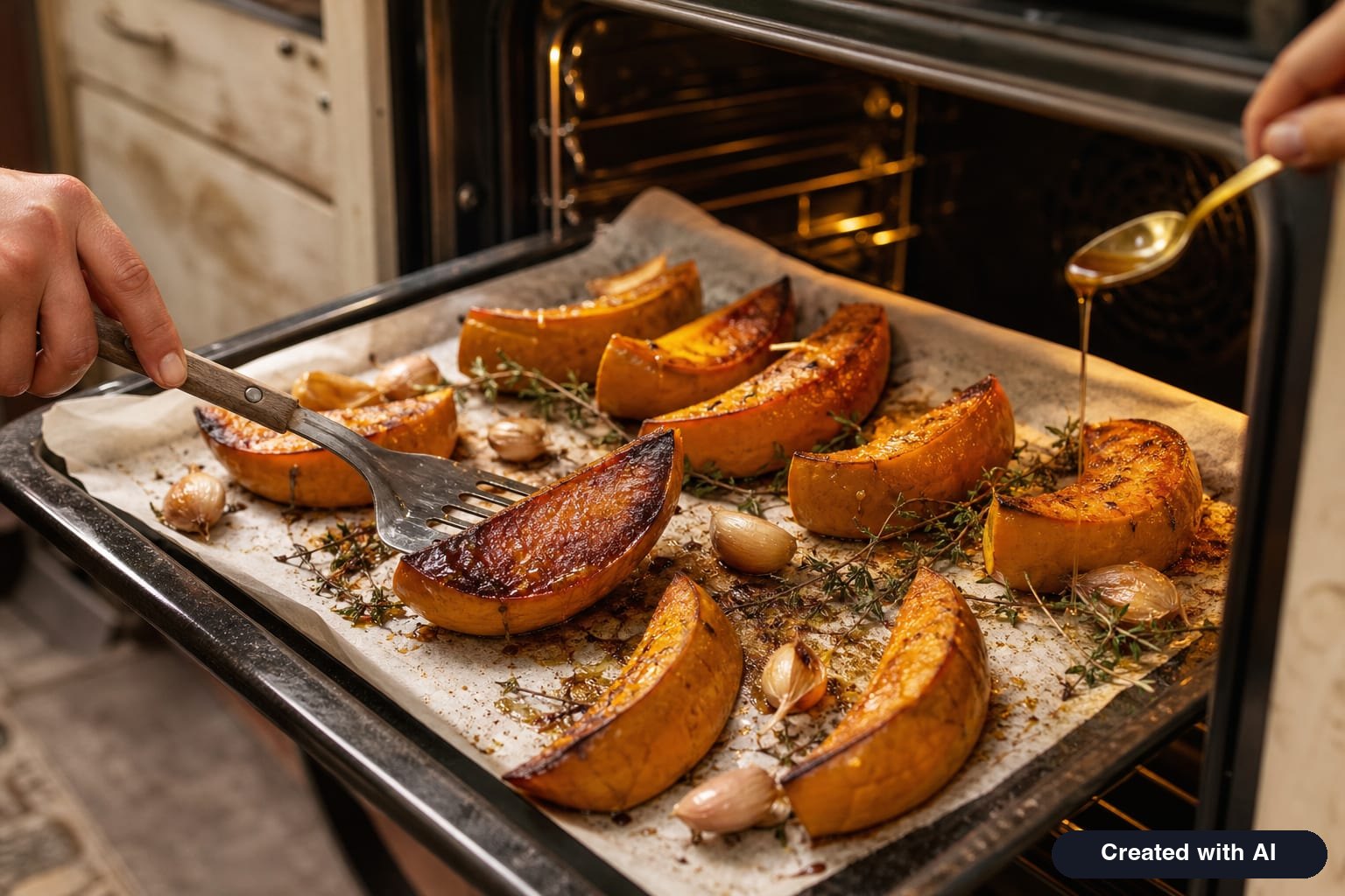 Oven-roasted pumpkin on a baking sheet: wedges with browned edges being flipped with a spatula, next to roasted garlic cloves