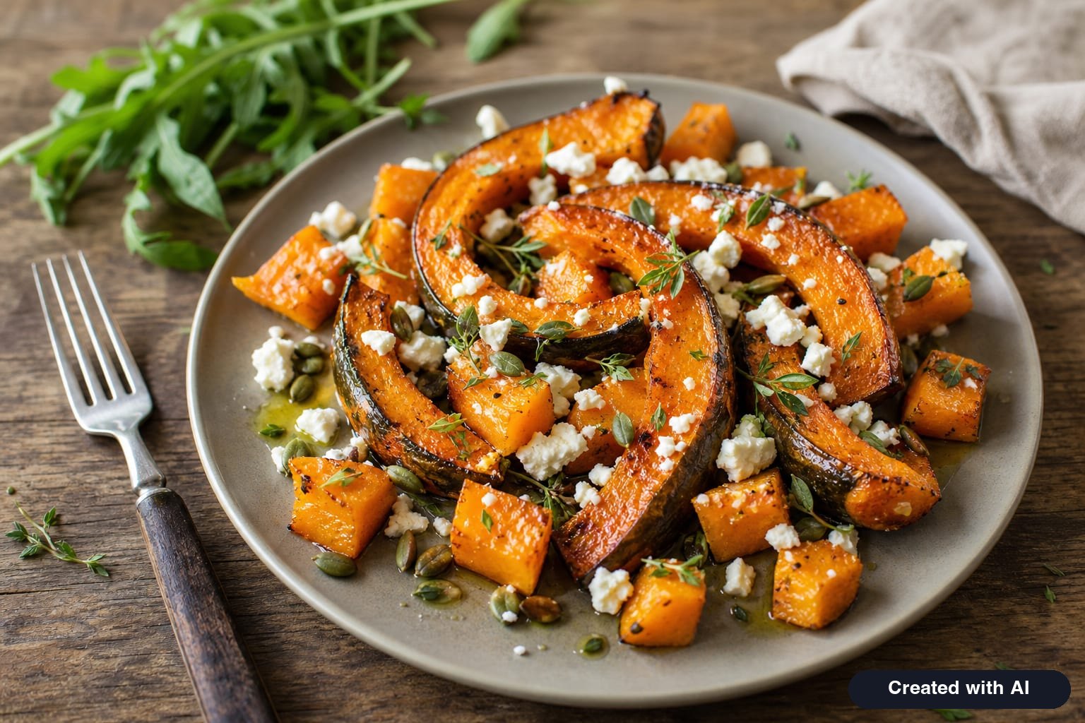 Roasted pumpkin with feta, pumpkin seeds, and thyme on a plate, served as a warm side dish