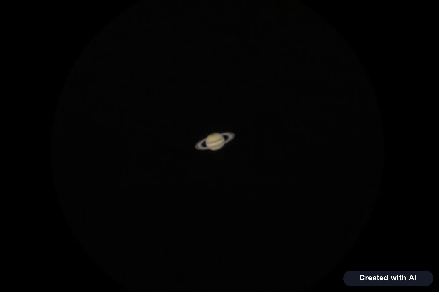 Saturn and its rings seen through a backyard telescope eyepiece view against a black sky