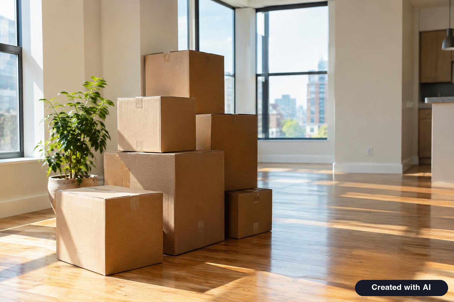 Moving boxes stacked in a sunlit empty apartment with a potted plant on the floor