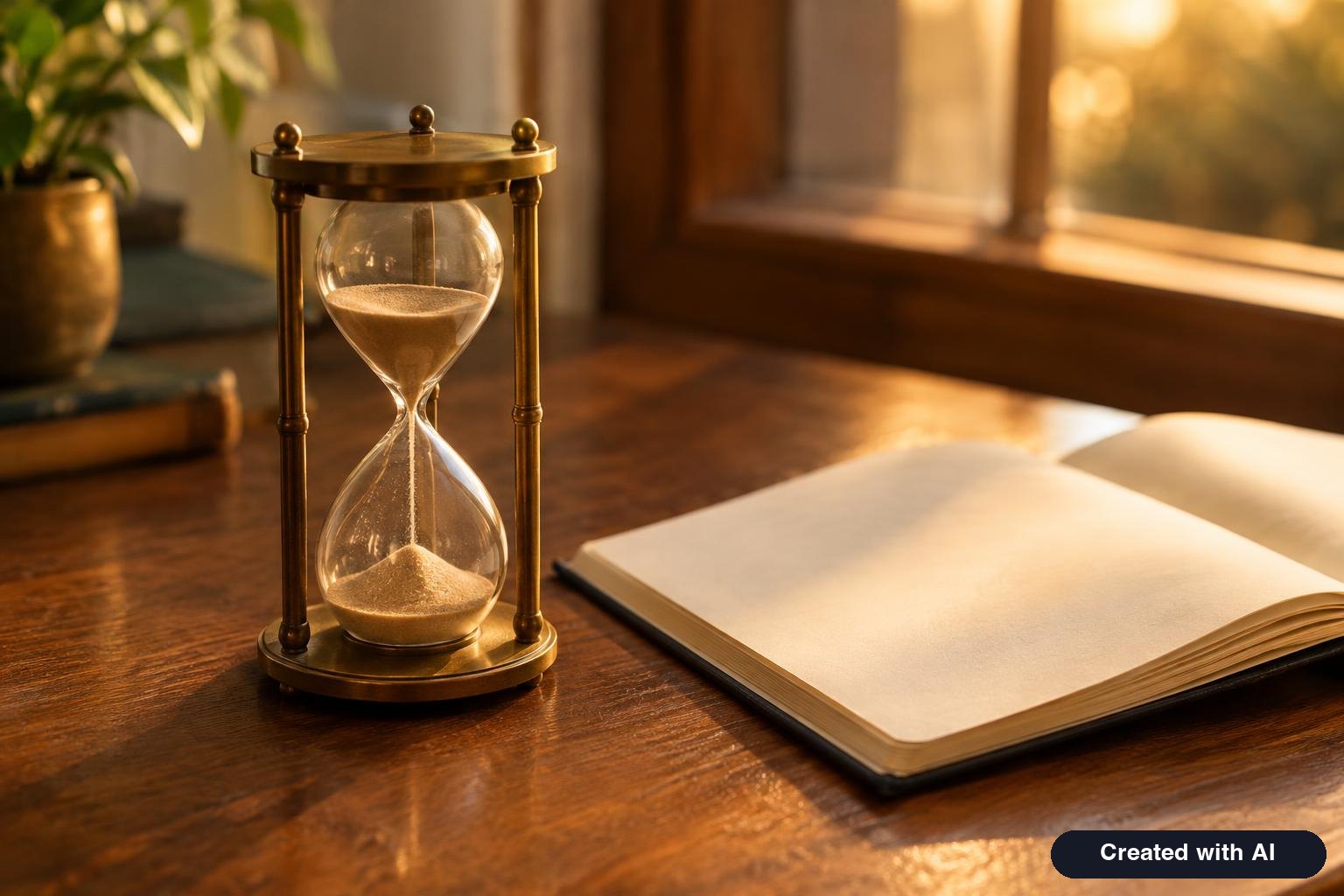 Old brass hourglass on a desk beside an open notebook in warm evening light