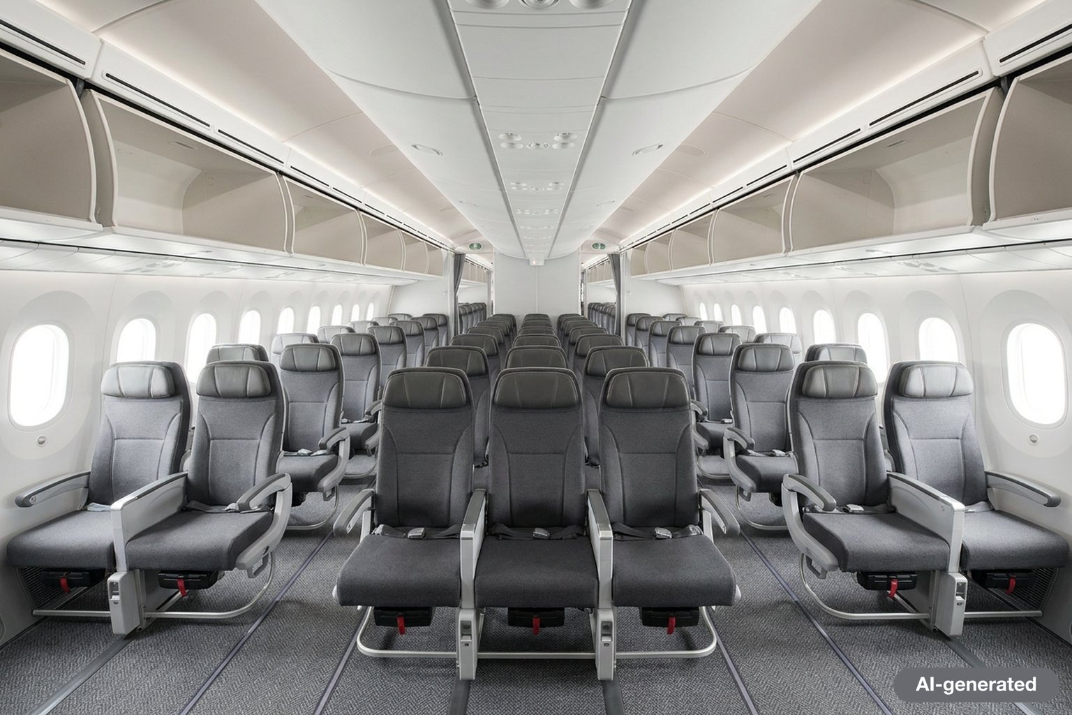 An empty airliner aisle at a gate with daylight coming through the cabin windows