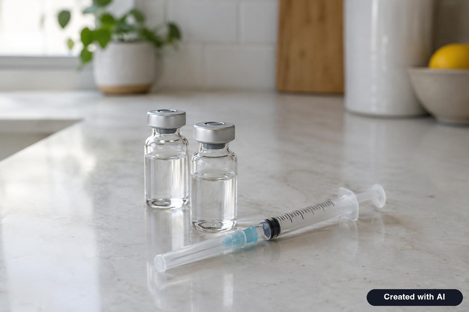 Two small unlabeled glass vials and a syringe on a white countertop
