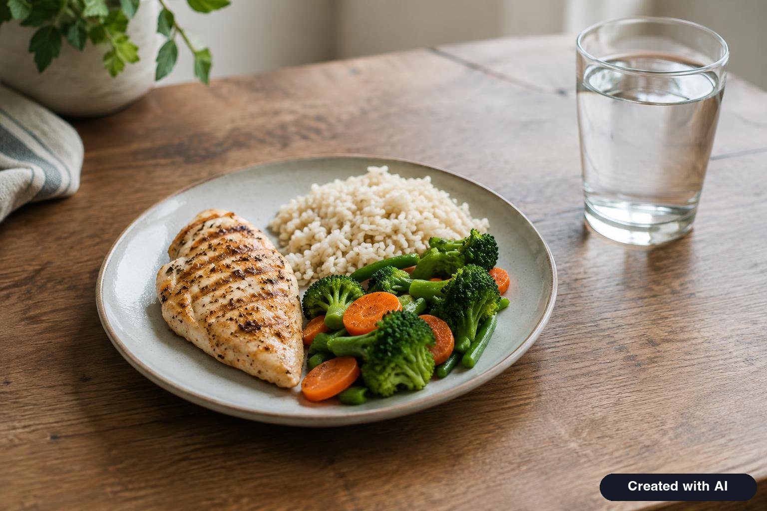 A plate with a small balanced meal of grilled chicken, vegetables and rice beside a glass of water