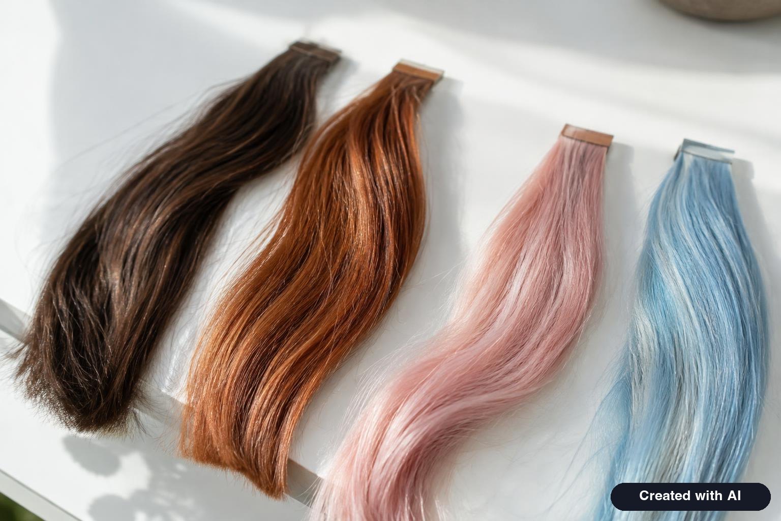 Strands of hair swatches in brown, copper and pastel shades on a white table