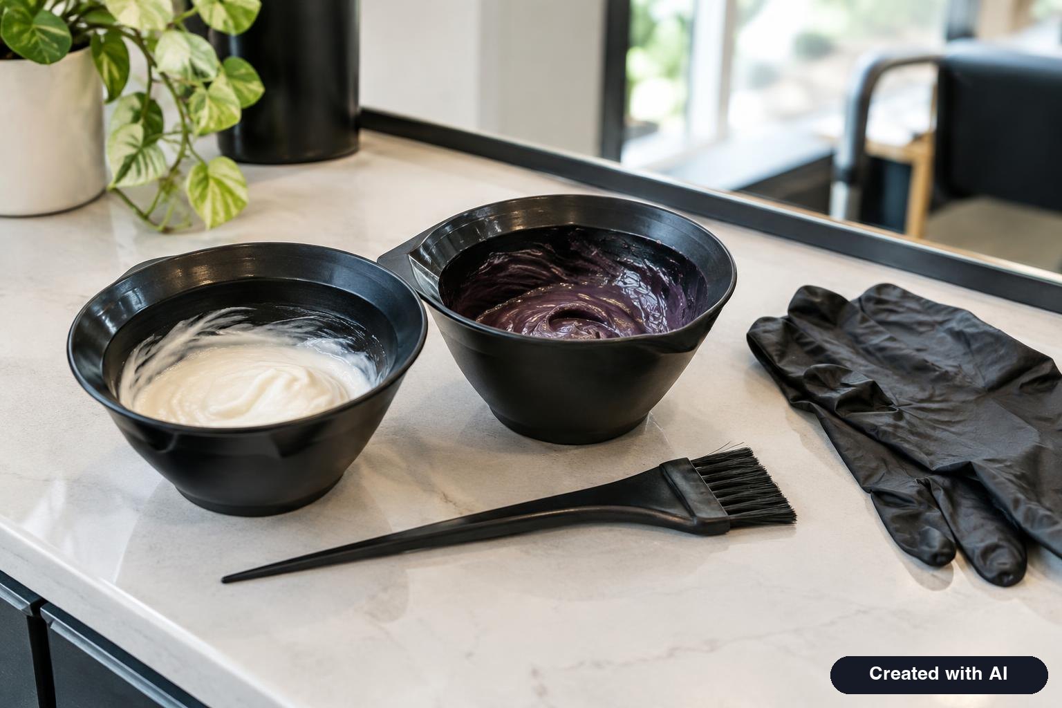Bowls of hair color and a tinting brush on a salon counter
