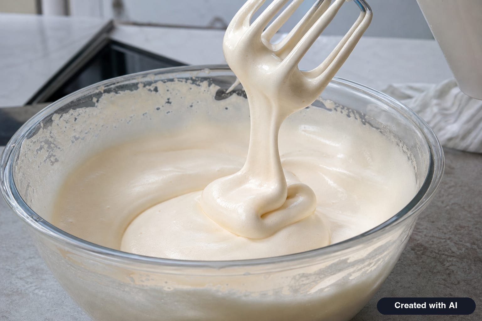 Eggs whipped with sugar - thick fluffy mixture falls from the beater in a thick ribbon
