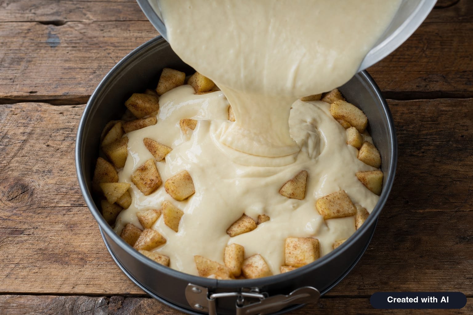 Sponge batter poured over large chunks of apples with cinnamon in a baking pan