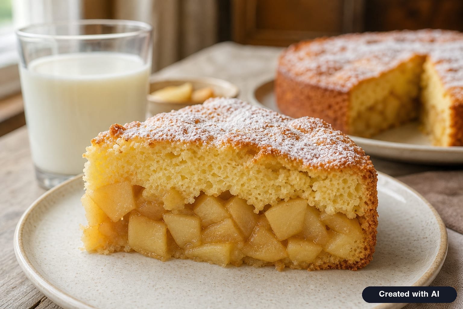A slice of sharlotka on a plate: fluffy yellow sponge on top and a thick layer of soft apples on the bottom