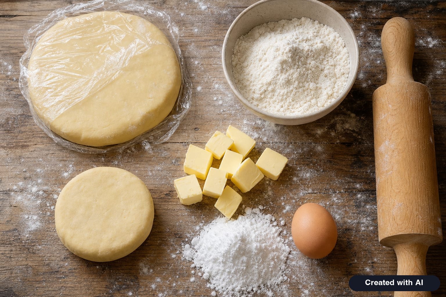 Two shortcrust pastry disks, cold butter cubes, flour, powdered sugar, an egg, and a rolling pin on a wooden board