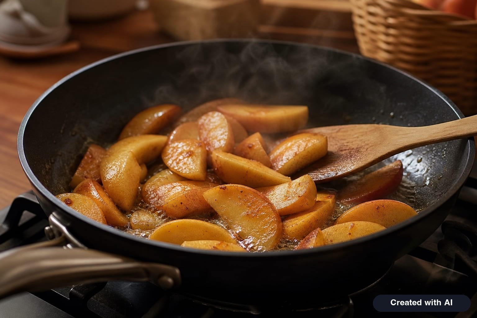 Apple slices cooking in a skillet with butter, brown sugar, and cinnamon for shortcrust apple pie filling