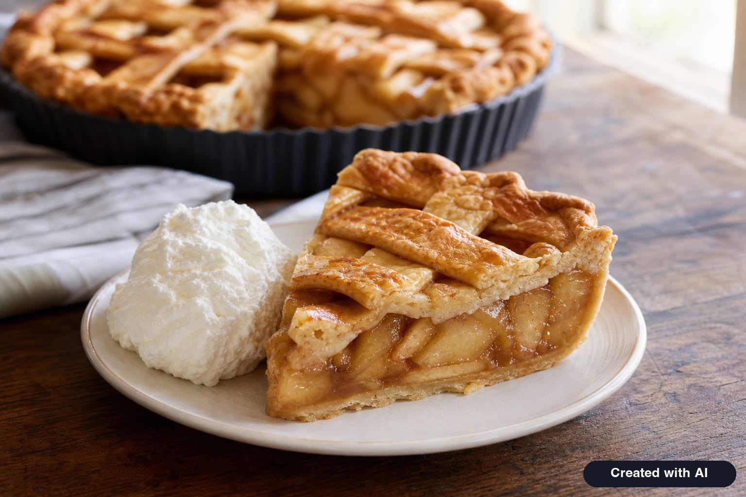 A slice of shortcrust apple pie with a lattice top on a plate with whipped cream, showing the crisp base and apple slice filling