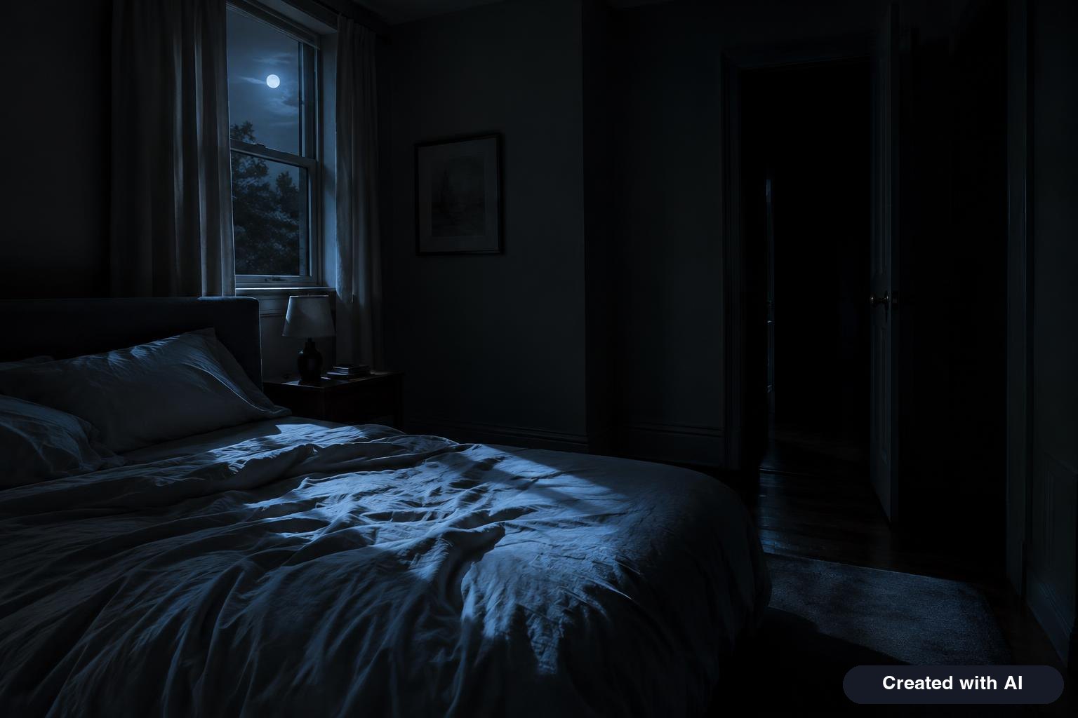 Dim bedroom at night with moonlight falling across an empty bed and an open doorway
