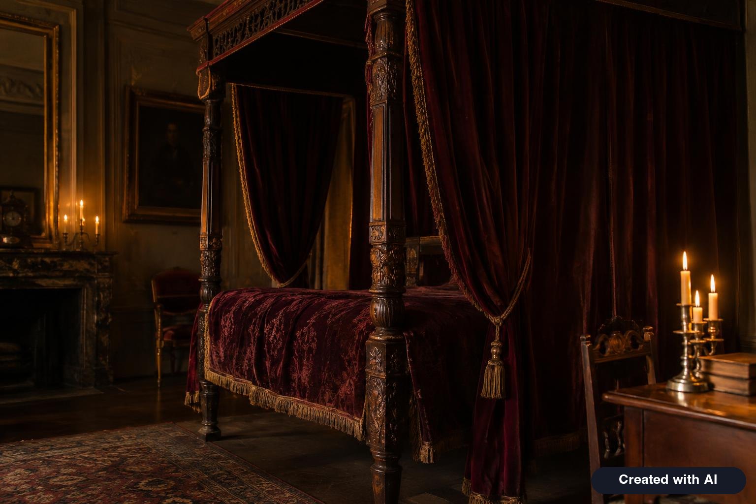 Antique four-poster bed with heavy drapes in a candlelit room, evoking an eighteenth-century painting