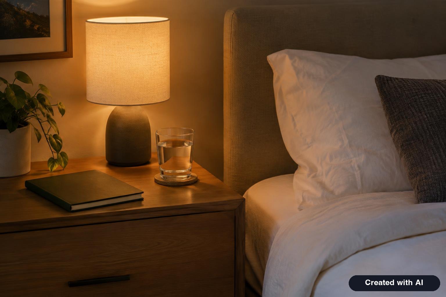 Tidy bedside table with a closed notebook, a glass of water and a dim lamp next to a neatly made bed