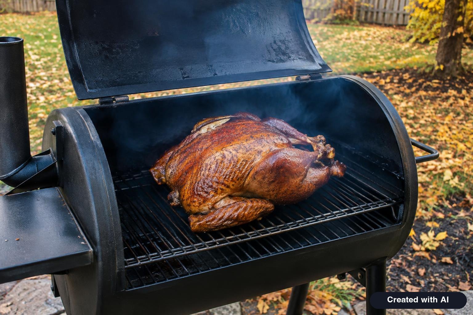 Whole turkey with mahogany skin on the grate of an open smoker with thin smoke rising