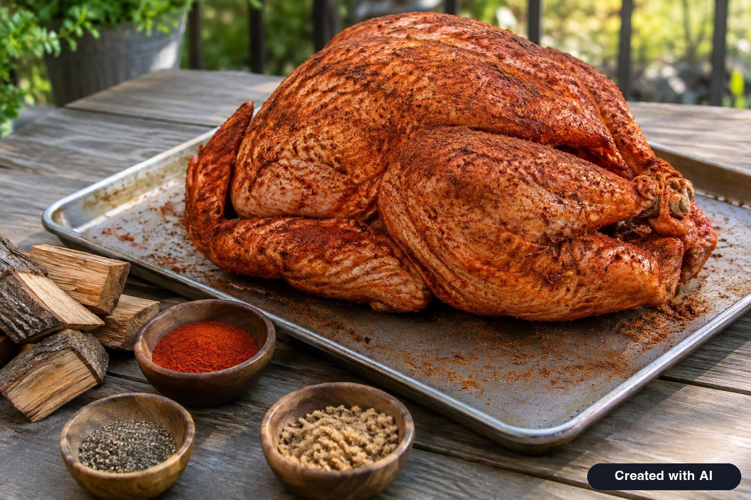 Raw turkey coated in a reddish spice rub on a tray beside bowls of spices and wood chunks