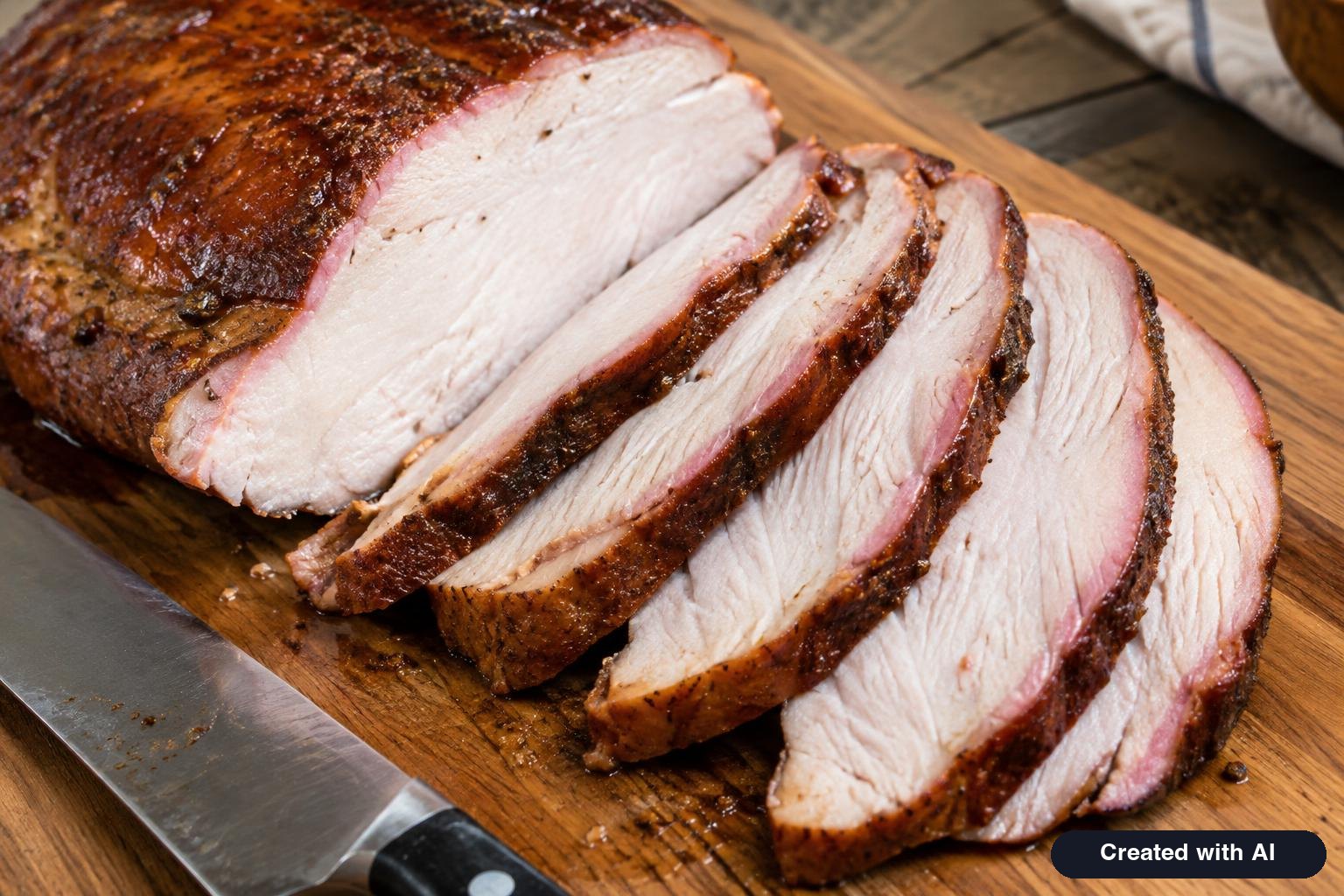 Sliced smoked turkey breast with a pink smoke ring under dark skin on a cutting board