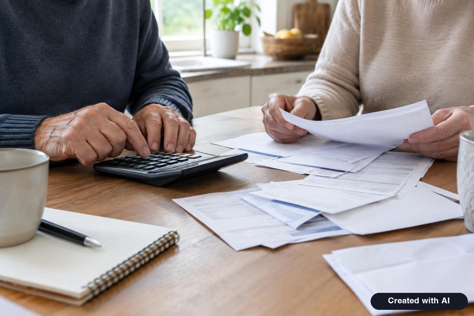 Retired couple reviewing household bills and a calculator at a kitchen table