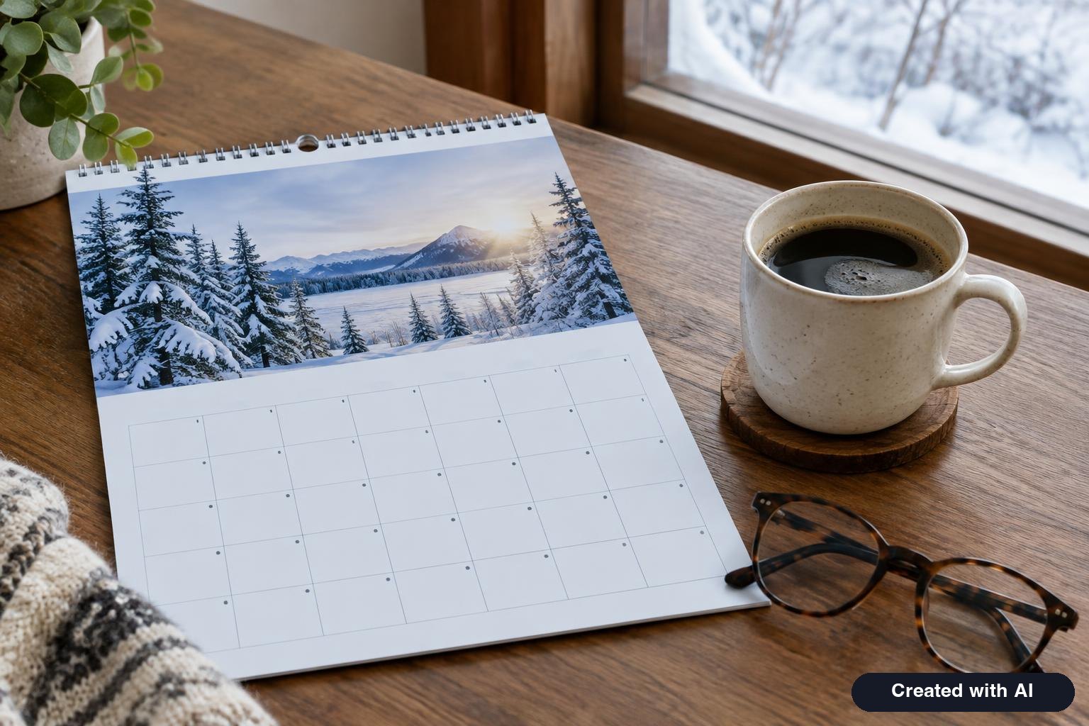 Calendar page for January next to a coffee cup and reading glasses