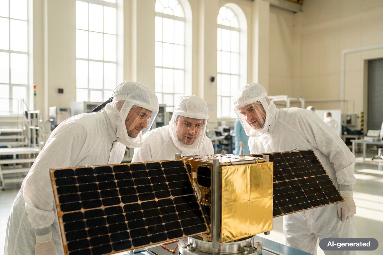 Engineers in white cleanroom suits inspecting a compact satellite with unfolded solar panels in a bright, daylit integration hall