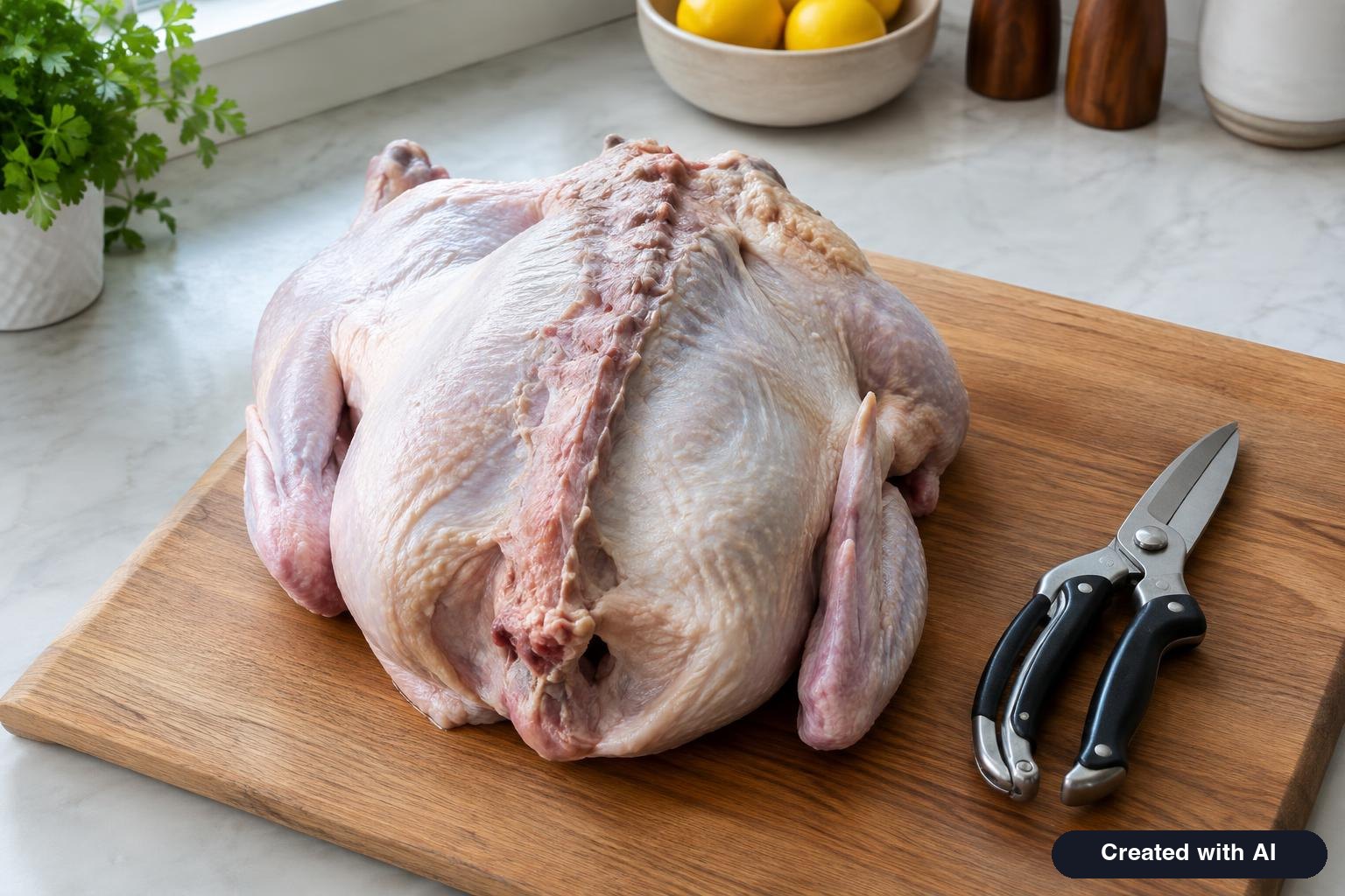 Raw turkey lying breast side down on a cutting board with poultry shears beside the backbone