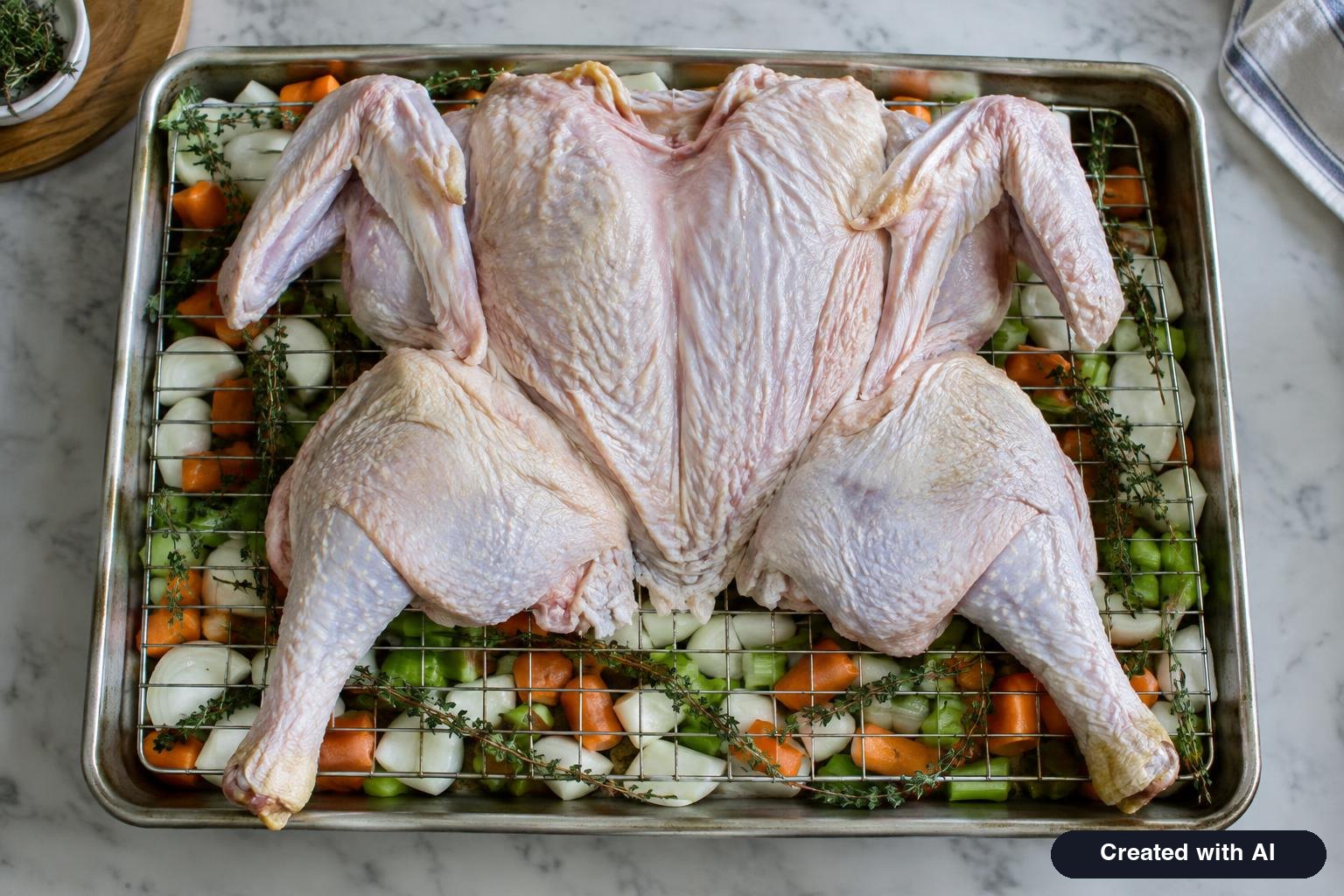 Flattened raw turkey skin side up on a wire rack over chopped vegetables on a baking sheet