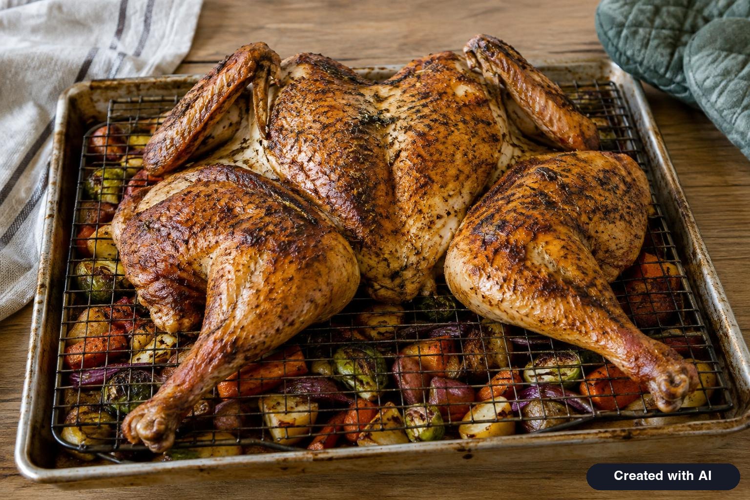 Roasted spatchcock turkey with crisp brown skin on a wire rack over a baking sheet