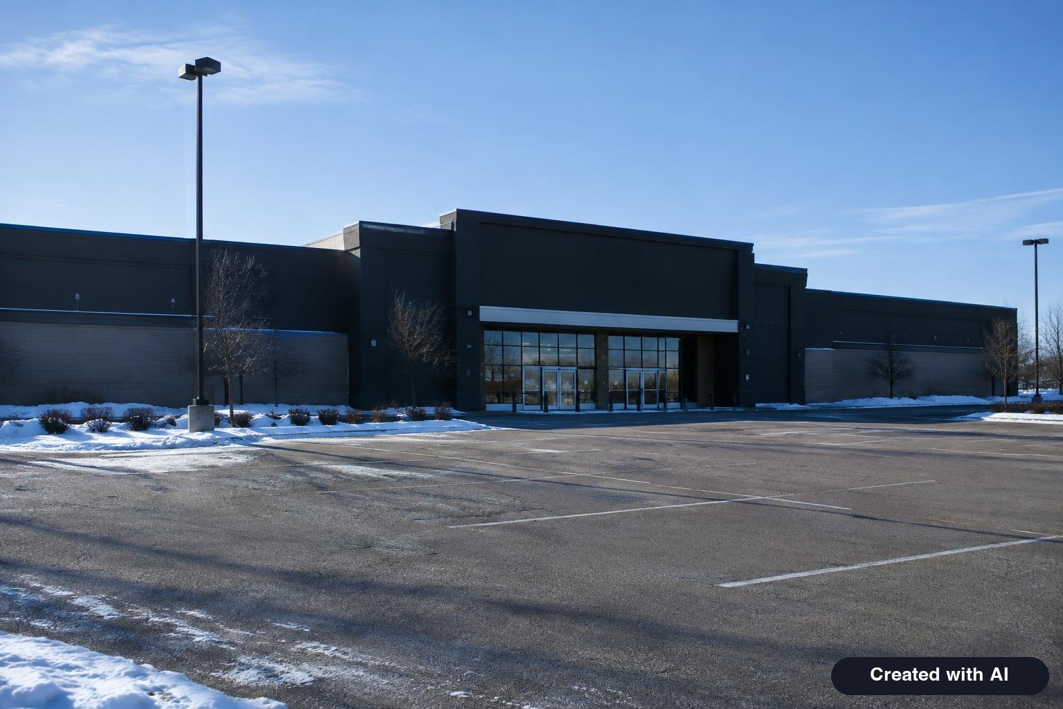 An empty big-box store parking lot on a clear winter morning with a dark storefront