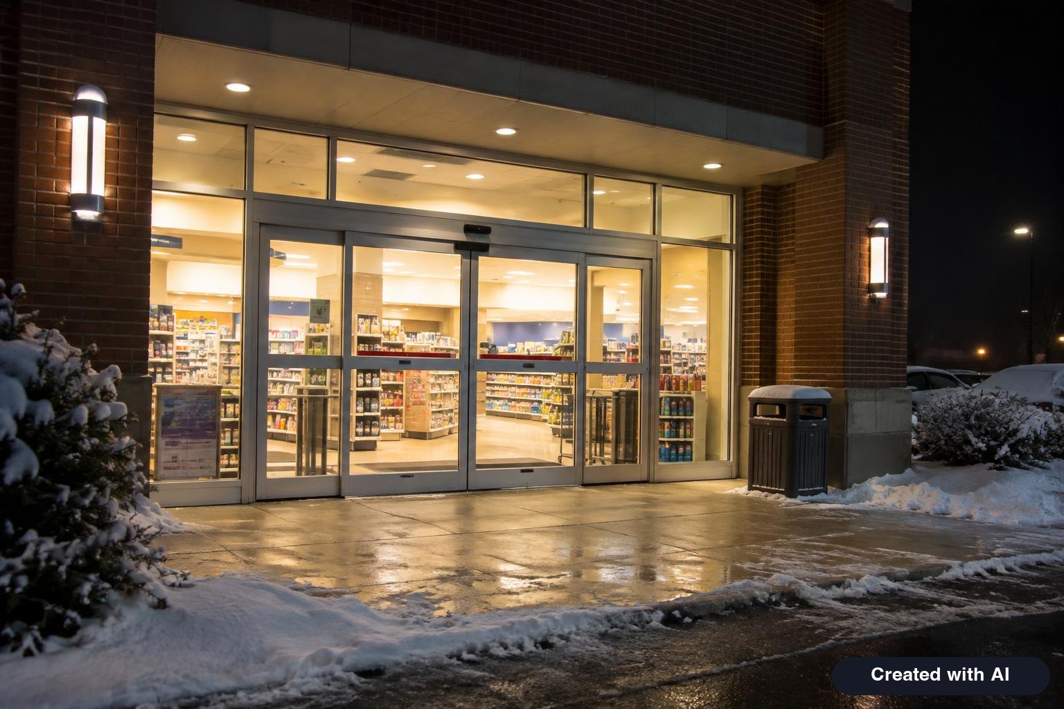 A neighborhood drugstore entrance at night in winter with automatic doors and warm light inside