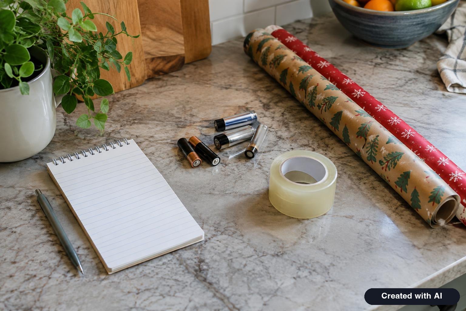A kitchen counter with a shopping list, loose batteries, a roll of tape and wrapping paper