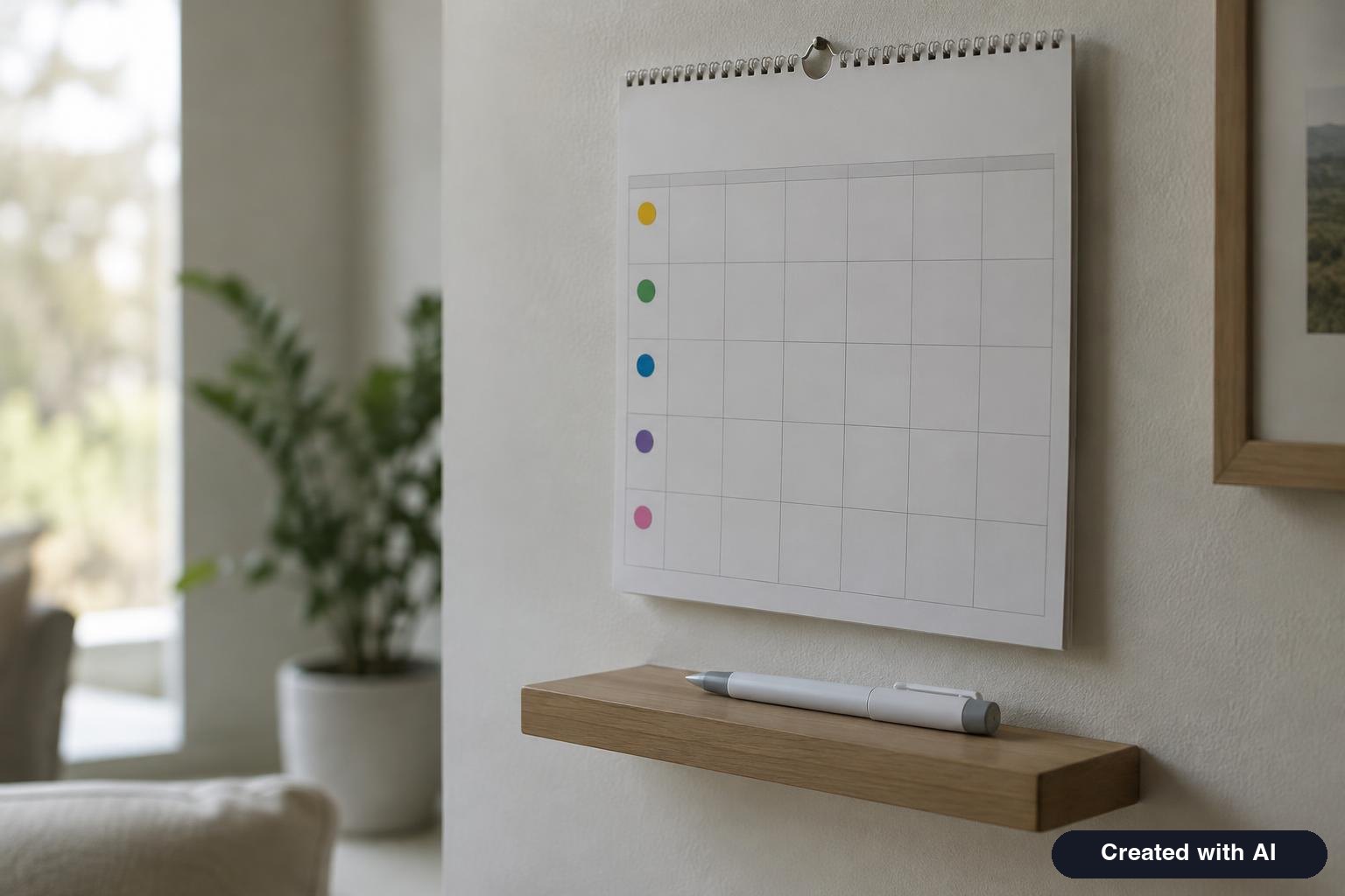 A wall calendar with one day each week marked and an unbranded injection pen resting on a shelf below