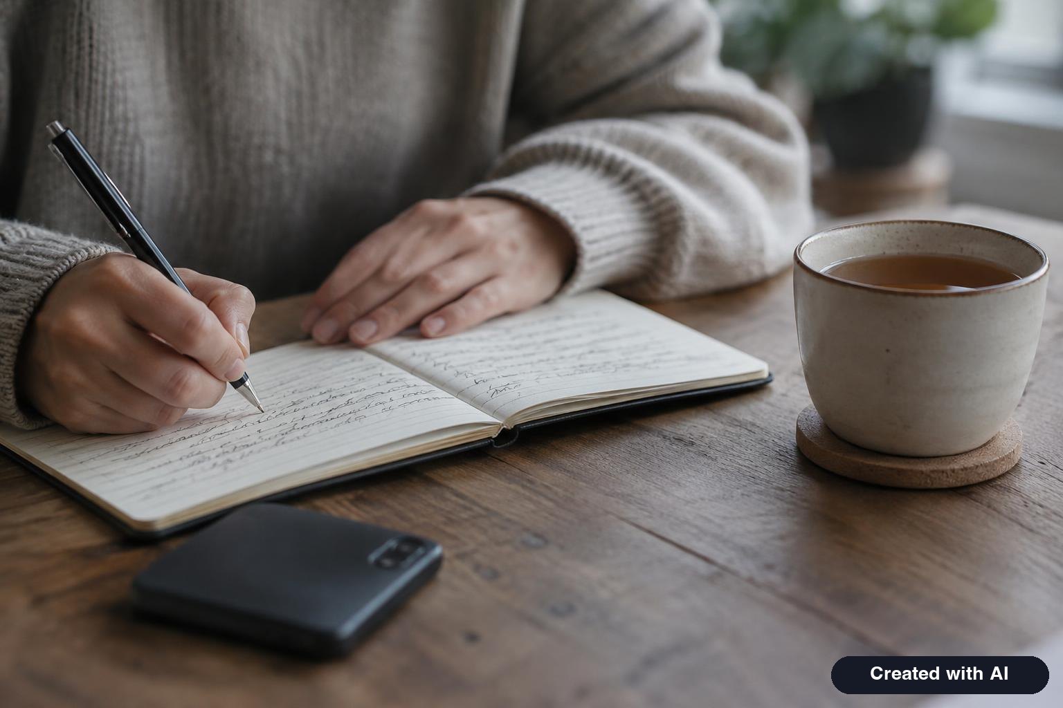 A person's hands writing a list of questions in a notebook beside a phone and a cup of tea