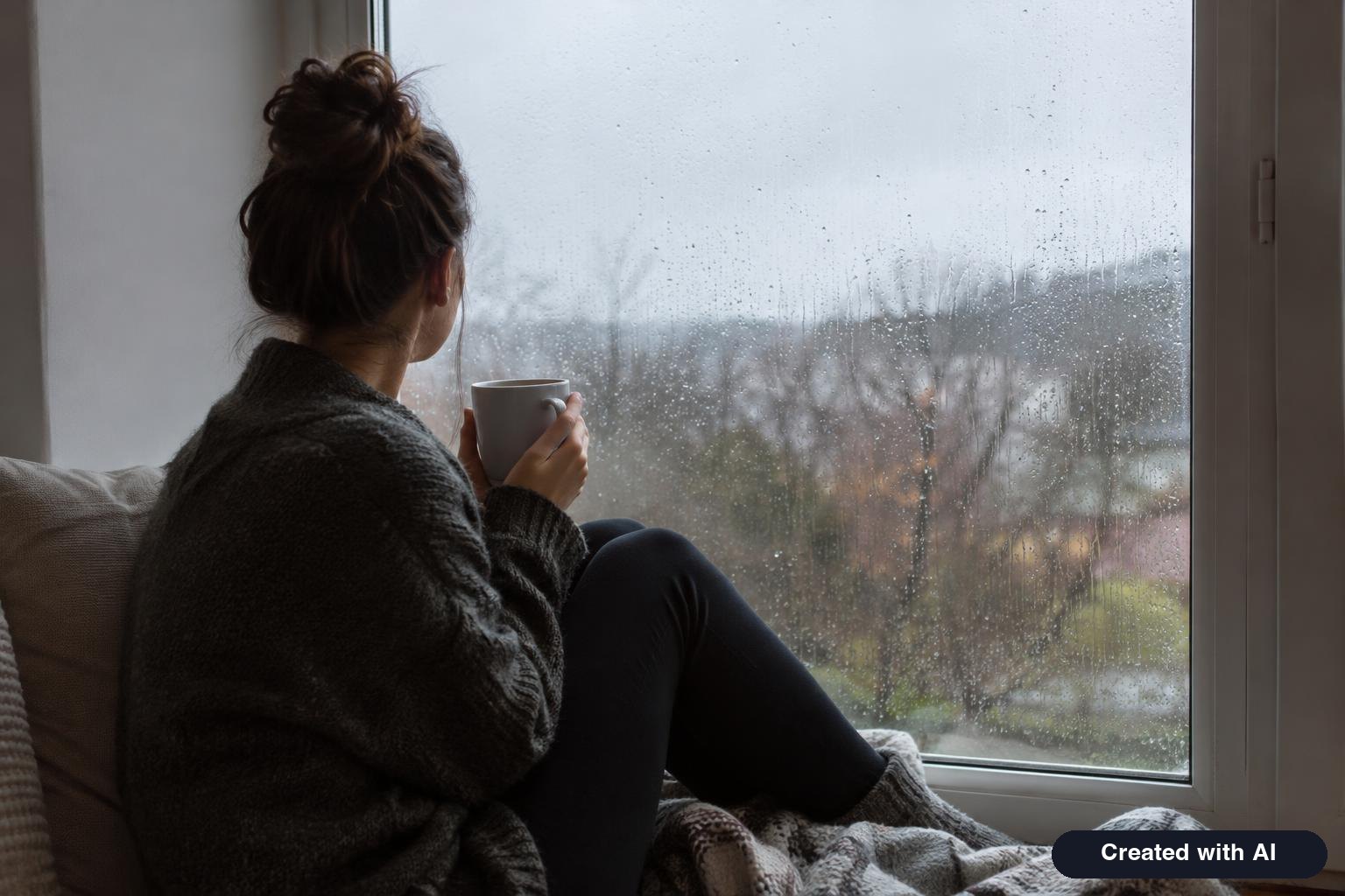 A person sitting alone on a window seat holding a mug, looking out at rain, face turned away