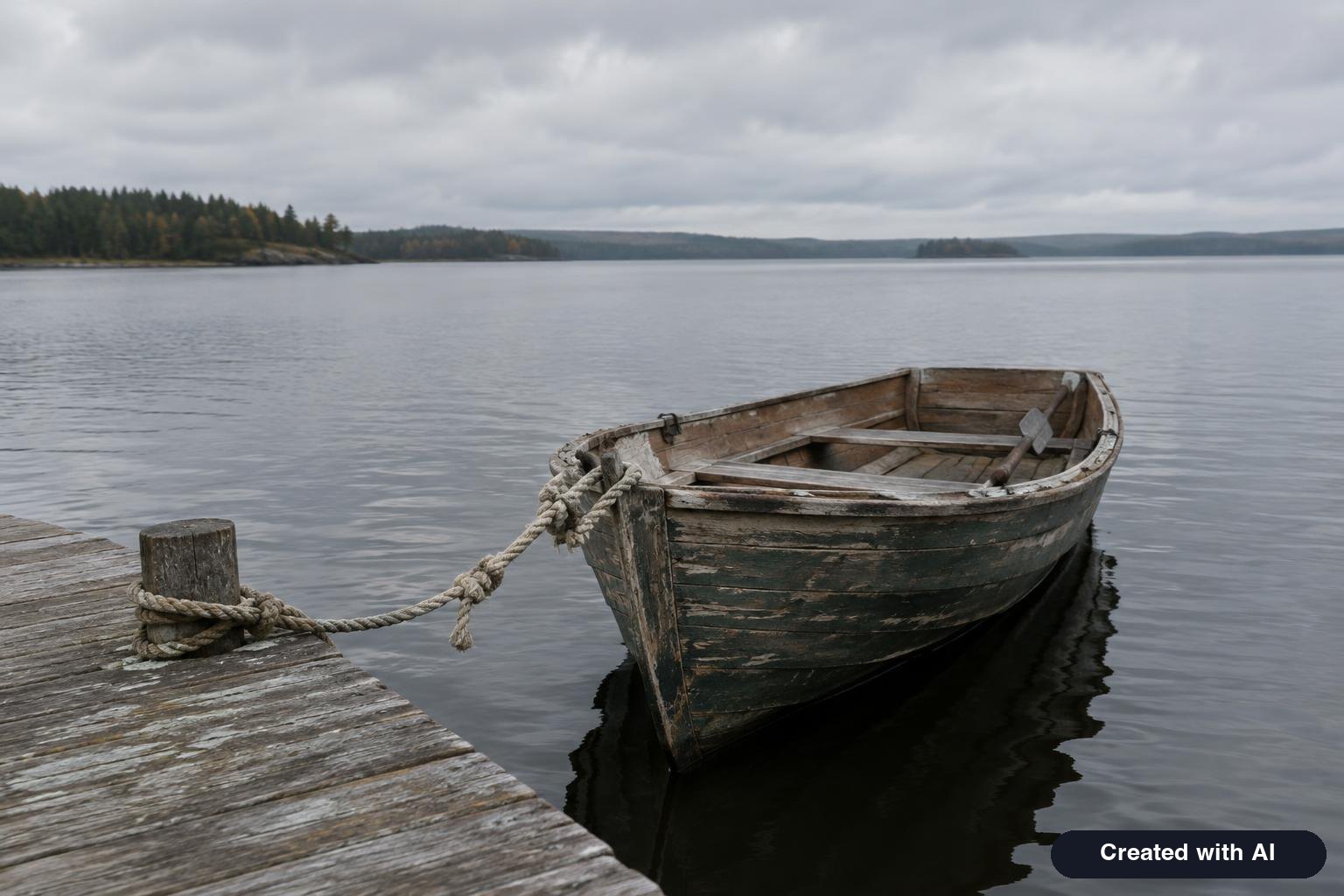 An old wooden rowboat tied tightly to a dock by a frayed rope on a gray lake