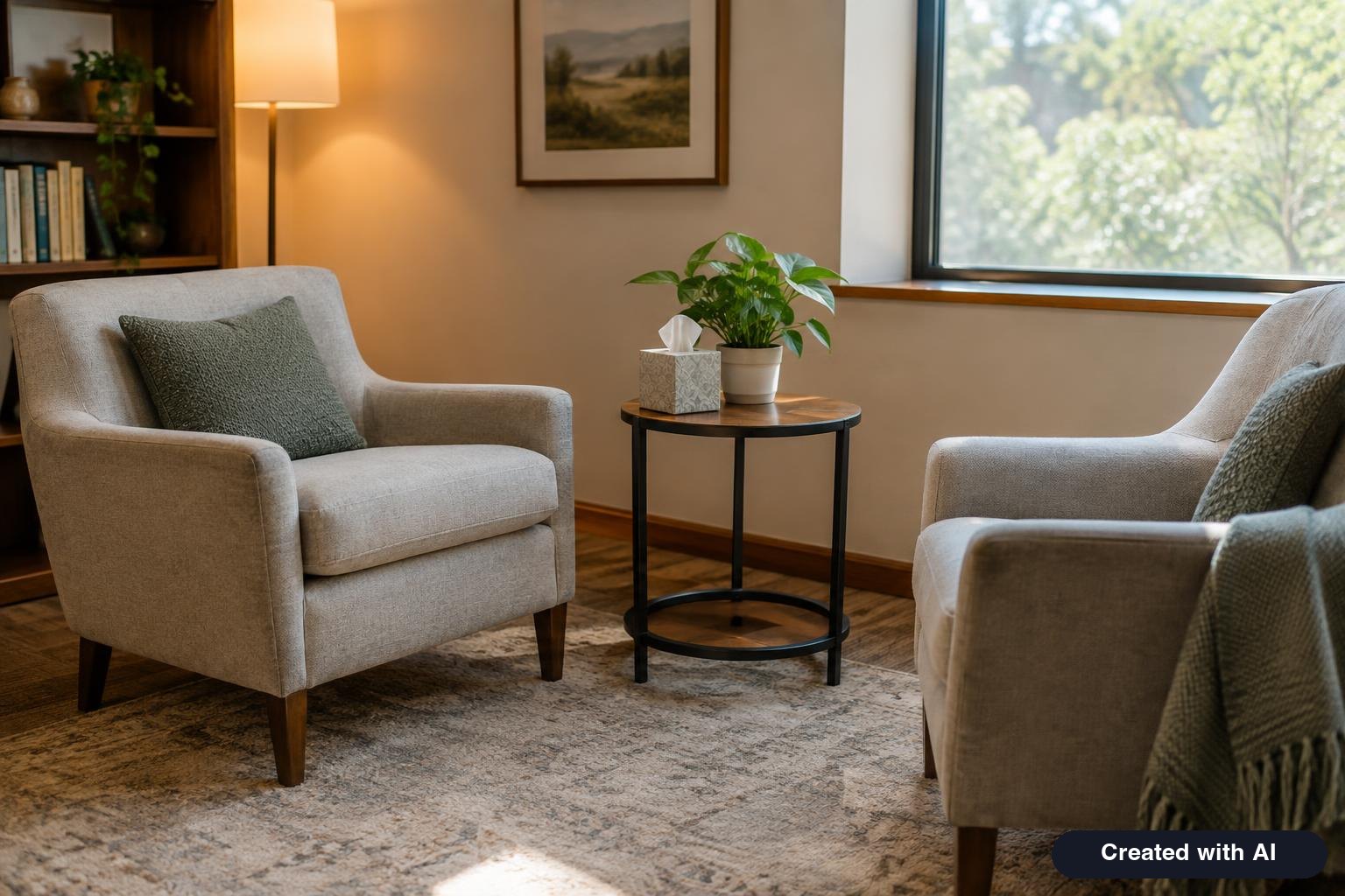 Two armchairs facing each other in a calm, softly lit counseling office with a plant and a box of tissues