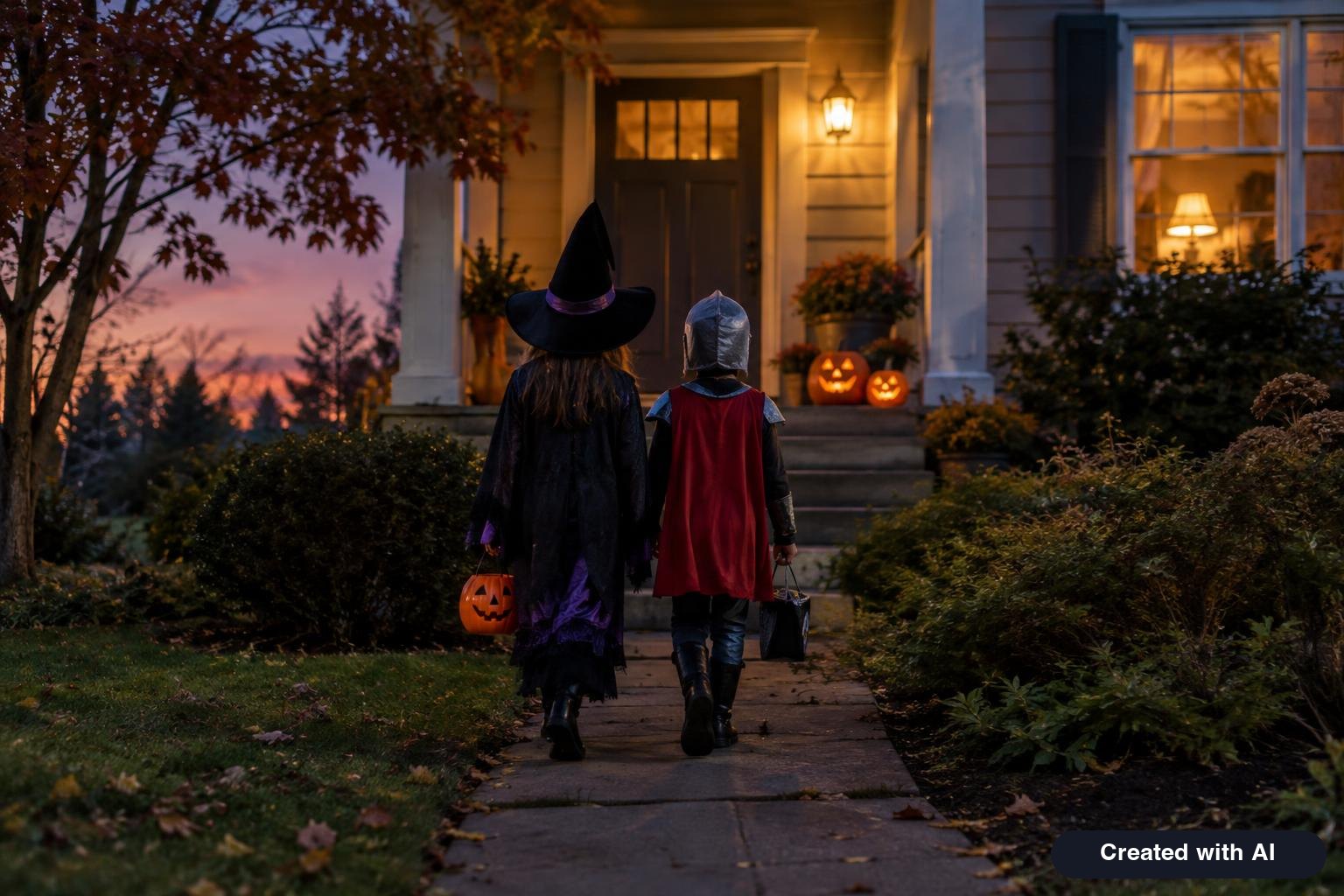 Children in costumes seen from behind walking up a lit front path at dusk toward a porch with carved pumpkins