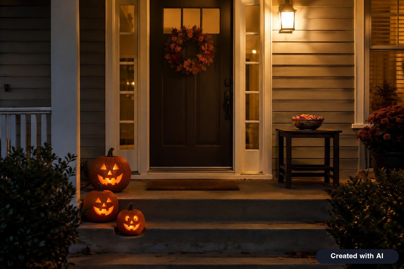 Front porch at night with the porch light on, glowing jack-o'-lanterns on the steps and a bowl of candy by the door
