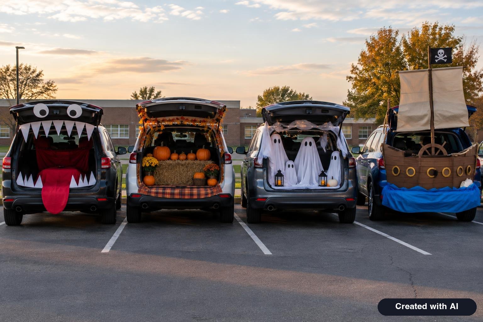 Row of cars in a parking lot with open trunks decorated for trunk-or-treat, including a monster mouth and a pumpkin patch