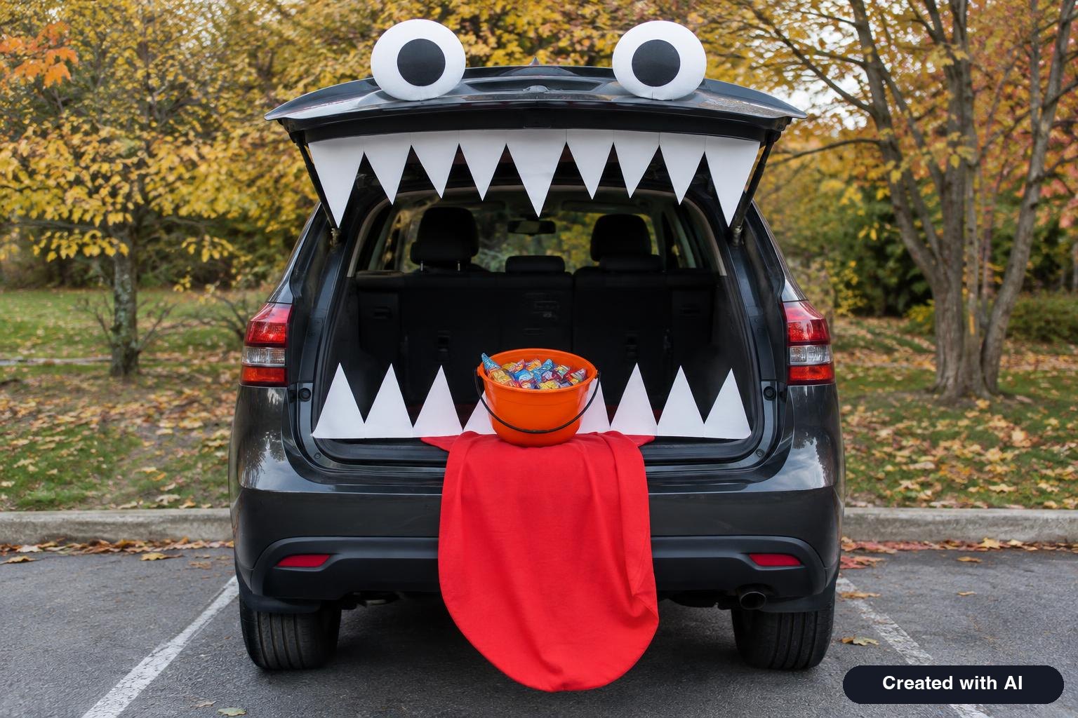 SUV trunk decorated as a monster mouth with white poster-board teeth, a red tongue and large paper eyes on the roof