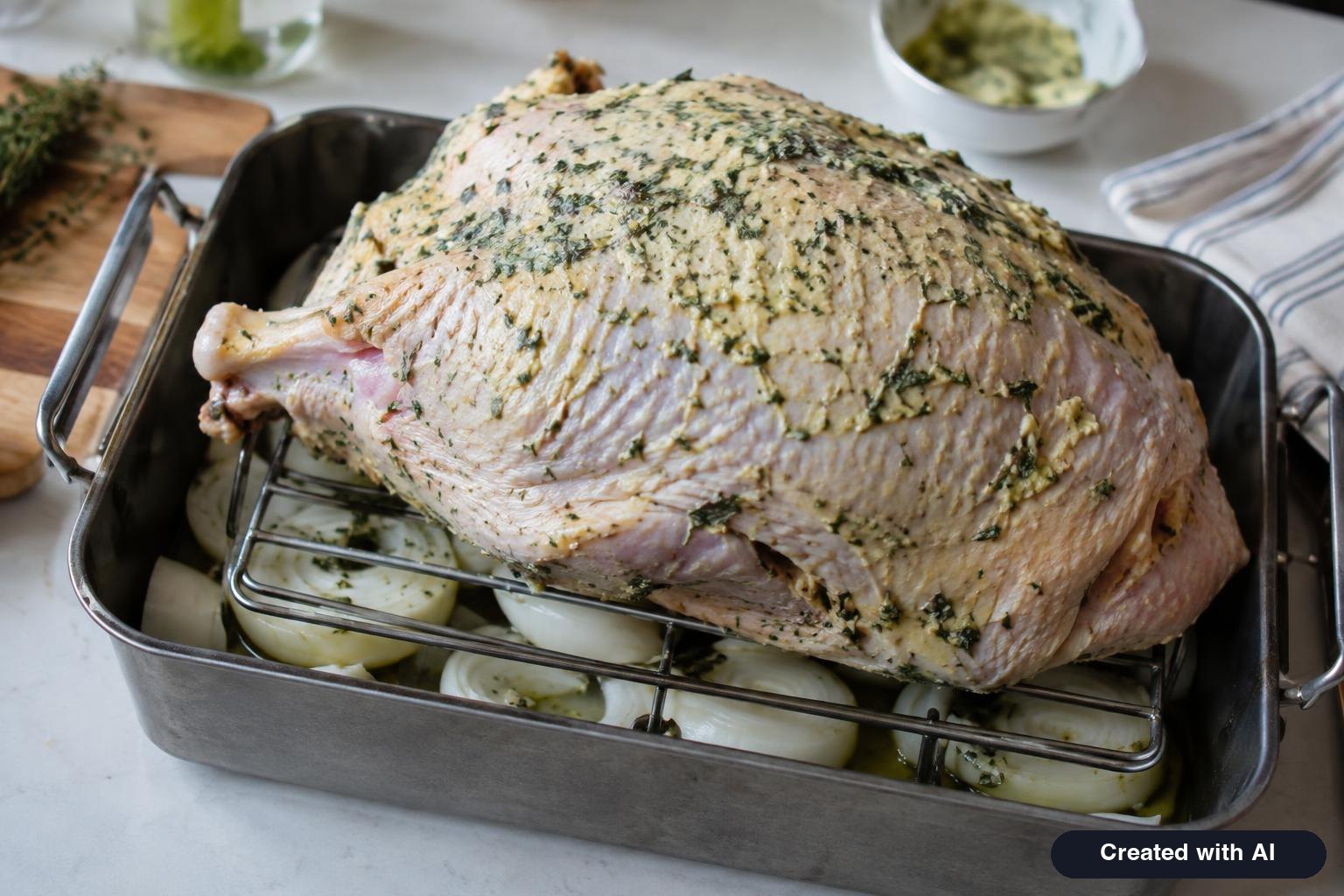 Raw bone-in turkey breast rubbed with herb butter on a rack in a small roasting pan