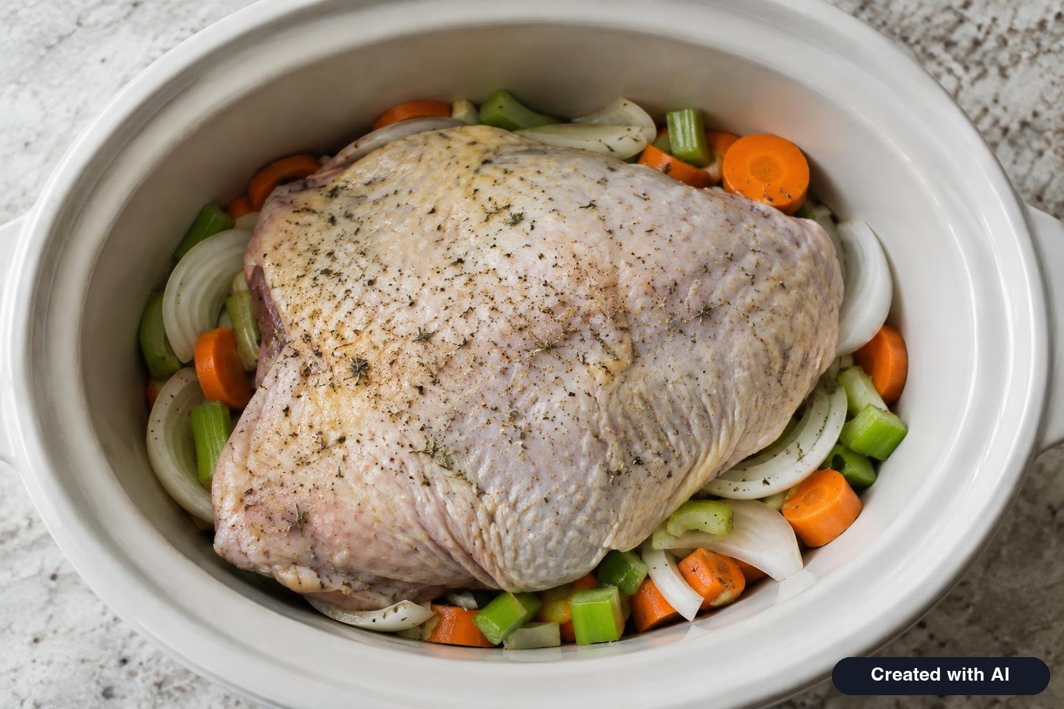 Seasoned turkey breast sitting on sliced onions and carrots inside a slow cooker