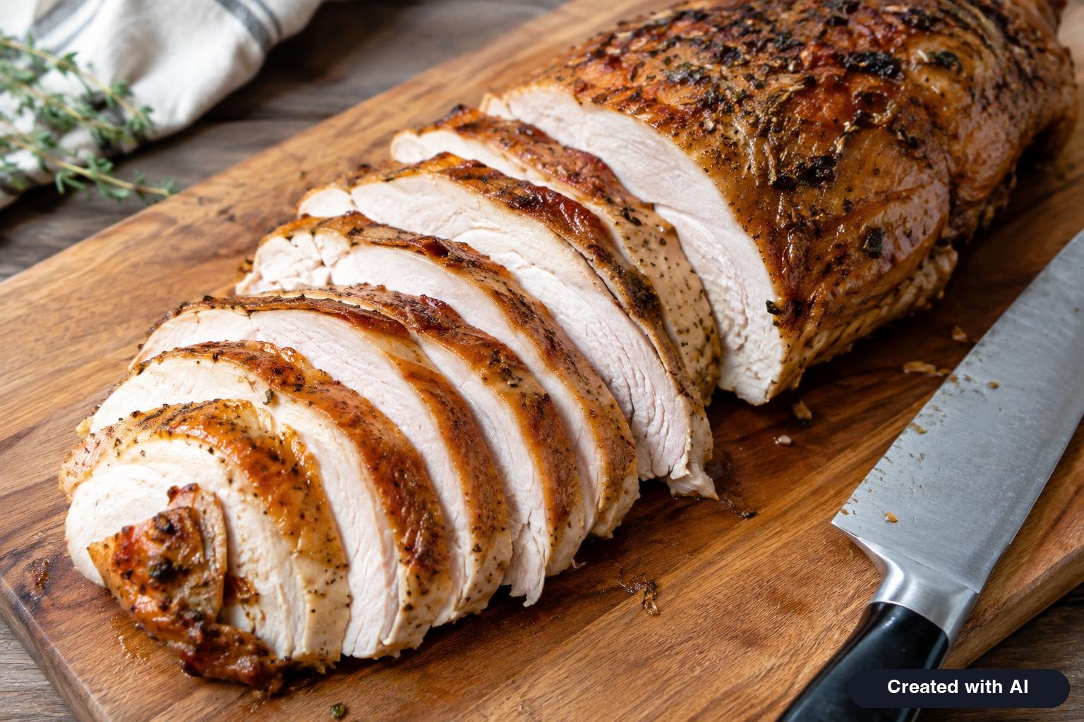 Roasted turkey breast sliced across the grain on a cutting board with crisp golden skin