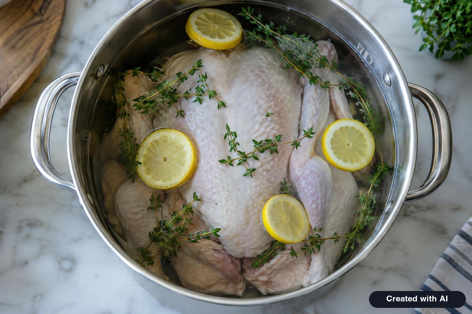 Raw turkey submerged in clear brine with herbs and citrus slices in a large stockpot