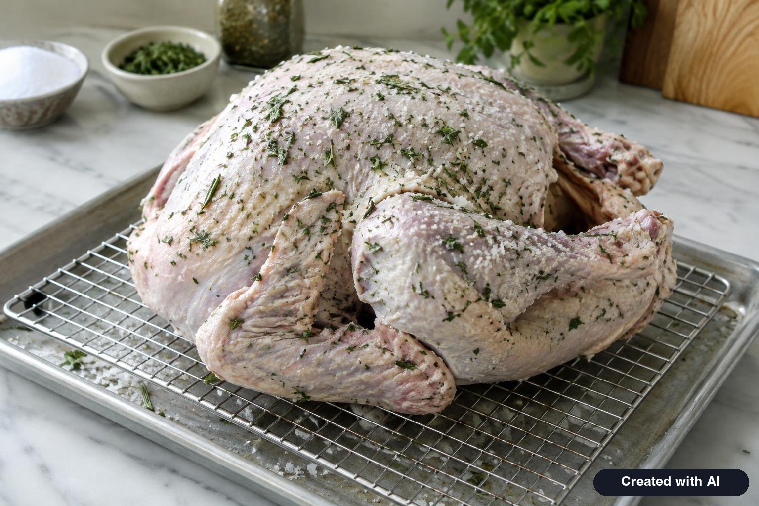 Raw turkey rubbed with coarse salt and herbs resting on a wire rack over a rimmed tray