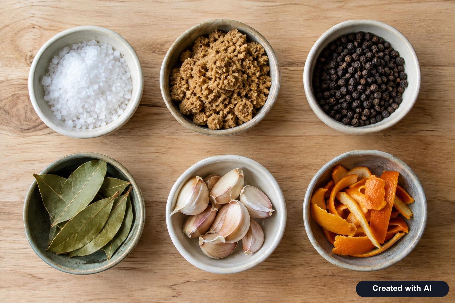 Small bowls of kosher salt, brown sugar, peppercorns, bay leaves and citrus peel arranged on a counter