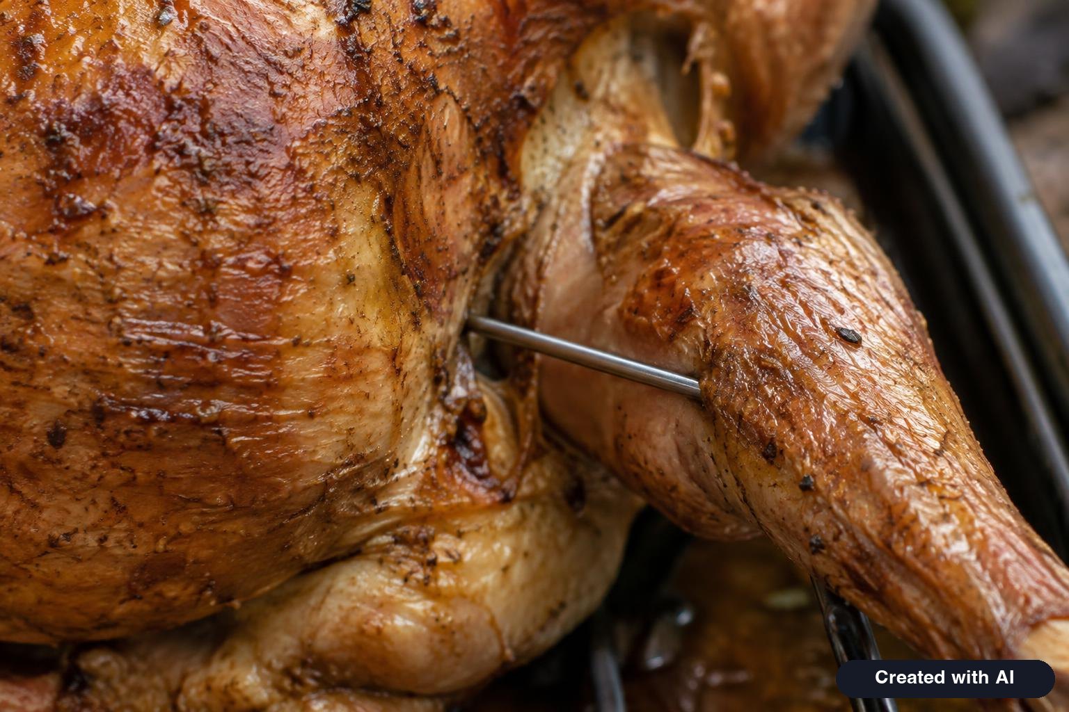 Thermometer probe inserted into the inner thigh of a roast turkey where the leg meets the body