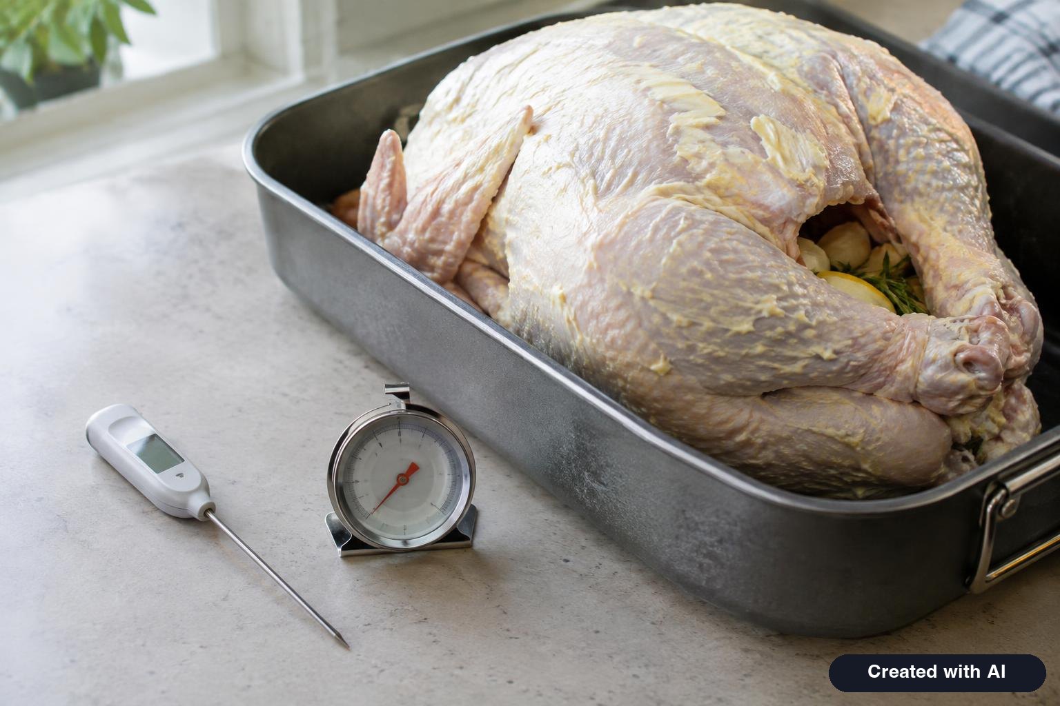 Digital probe thermometer and an oven thermometer lying beside a raw turkey in a roasting pan