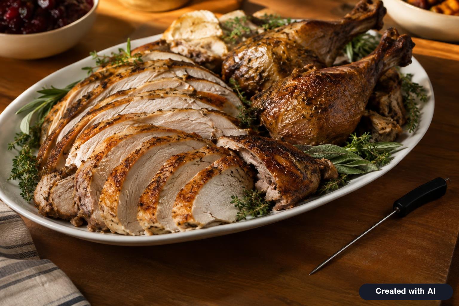 Carved turkey breast slices and dark meat arranged on a platter with a thermometer nearby
